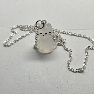 Silver Cat Pendant Necklace in White - Charming Cat Jewelry